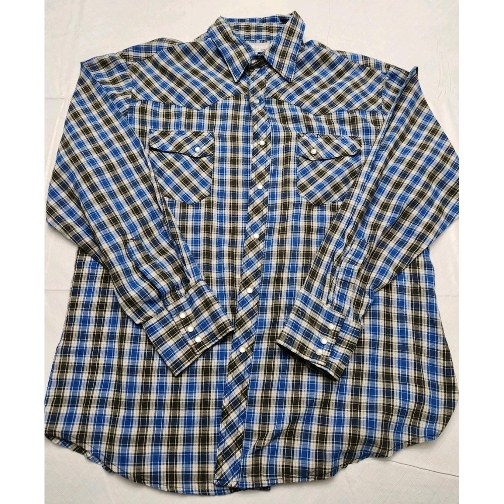 Wrangler Shirt Mens Large Blue Black Plaid Pearl Snap Western Rodeo Cowboy